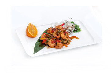 Shrimp dish on a white plate. Seafood food, delicacies.