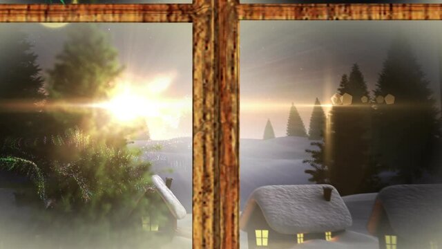 Animation of winter landscape, houses and shooting star seen through window
