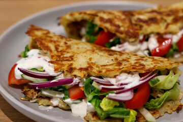 Potato Pancakes. Vegetable fritters.Greek chicken gyros wrapped with latkes, hash browns. Hungarian ‘tócsni’. Germanophone Switzerland ‘rösti’ dish made with potato