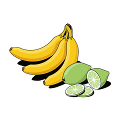 Bananas and lime. Vector 3d sketch line isometric, color icon illustration, flat style. Creative design idea and elements for infographics and website.