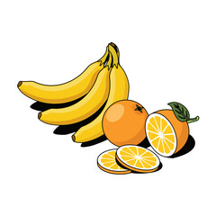 Bananas, oranges. Vector 3d sketch line isometric, color icon illustration, flat style. Creative design idea and elements for infographics and website.