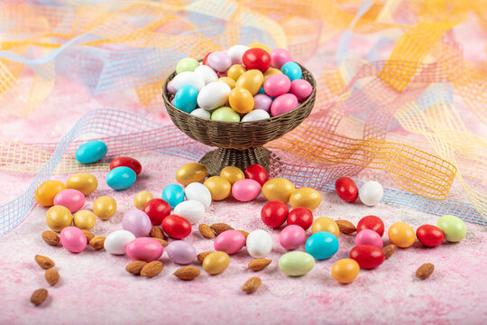 Almond candies.Colorful candies background top view, almond sweets. Sugar Feast, (Feast of Ramadan) Ramadan concepts.