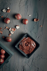 Nutty chocolate paste in a square dish on a dark gray slate, stone or concrete table. Top view. There are a lot of hazelnuts on the table. the concept of sweet food.