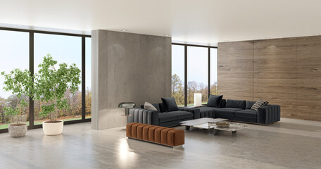 Illustration 3D rendering large luxury modern bright interiors Living room mockup computer...