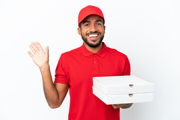pizza delivery man picking up pizza boxes isolated on white background saluting with hand with...