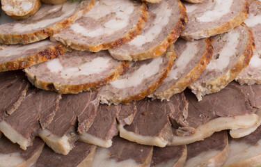 The cold cuts are beautifully served in the restaurant. Sausage Meat Kazy is a national dish of the Kazakh peoples, Horse meat. Delicacy of Kazakhstan.