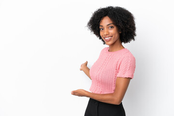 Young African American woman isolated on white background extending hands to the side for inviting to come