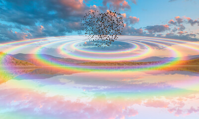 Beautiful lanscape with silhouette of birds (Heart of shape) flying above amazing rainbow