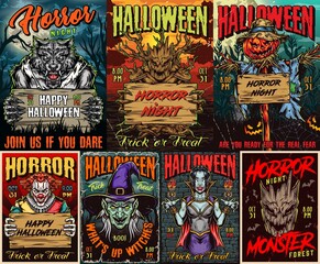 Halloween colorful vintage posters collection
