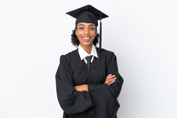 Young university graduate African American woman isolated on white background keeping the arms...