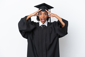 Young university graduate African American woman isolated on white background with surprise...