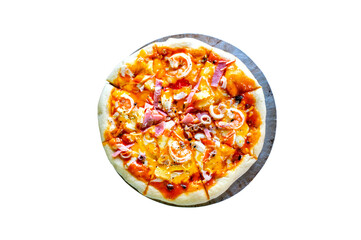 Top views Homemade seafood  pizza  in  vintage plate isolated on white background