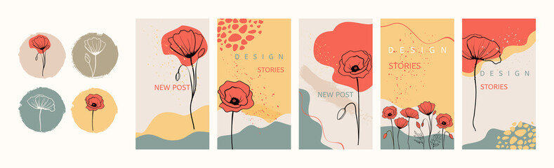 Social media stories and post templates set. Vector highlight covers or icons with hand drawn poppies flowers - obrazy, fototapety, plakaty