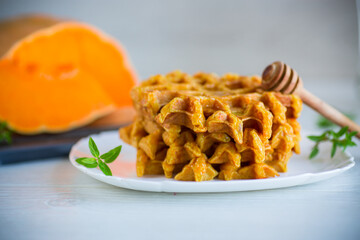 sweet baked pumpkin waffles with honey in a plate