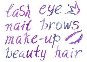 Watercolor artistic multicolor Set of Makeup elements a beauty theme on a white background. Hand written cursive calligraphy Letters, crown symbol and eyelash. Watercolour gray, violet, purple and