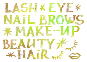 Watercolor artistic multicolor Set of Makeup elements a beauty theme on a white background. Hand written capital Letters, lip, eyelash and snowflake. Watercolour green and brown gradient word. Lash