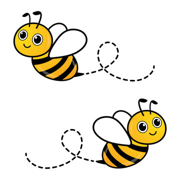 Bee cute flying icon. Happy smiling bees fly on a dotted route. Vector illustration isolated on white background	