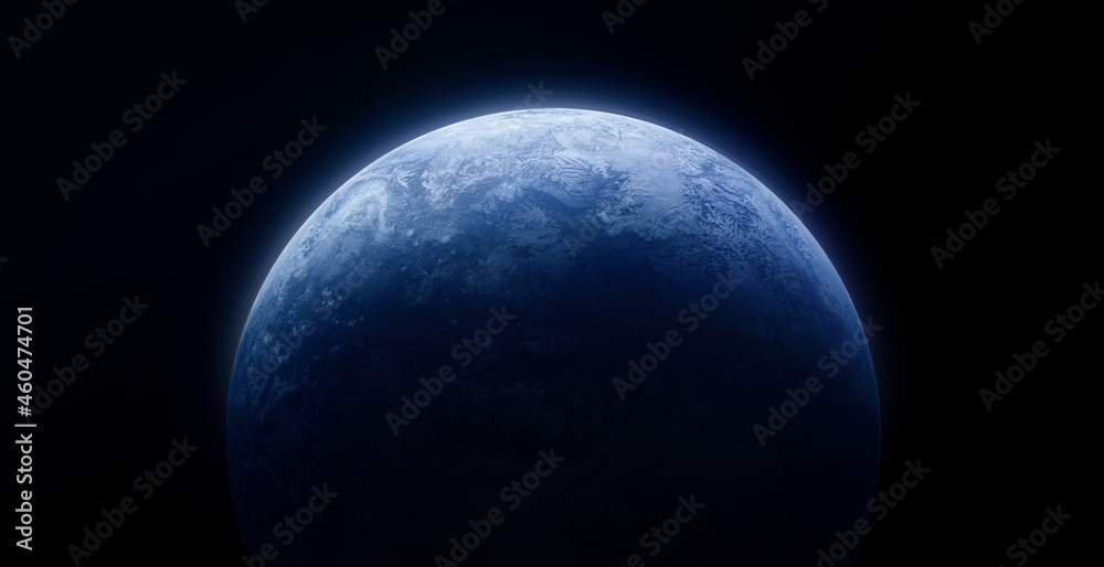 Poster planet earth in the outer black space. blue planet surface. abstract wallpaper with space and dark b