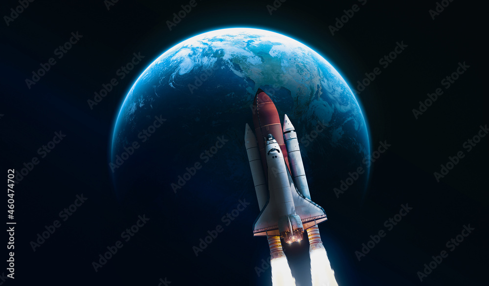 Poster Shuttle rocket on orbit of Earth planet sphere. Black dark space. Space craft in deep galaxy. Continents and oceans. Elements of this image furnished by NASA
