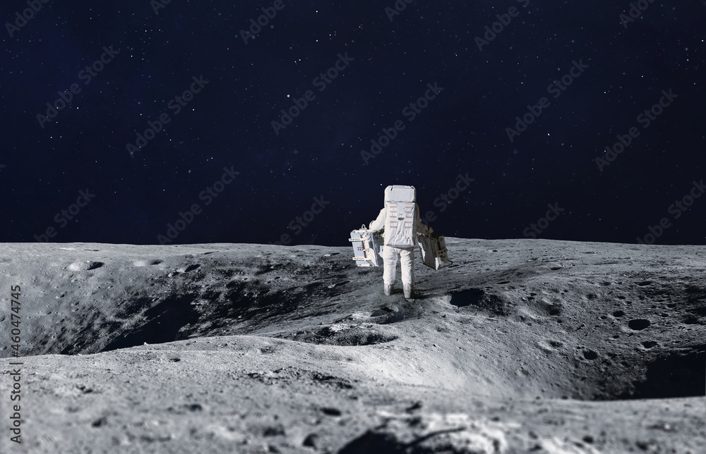 Poster Astronaut on surface of Moon. Apollo space program. Artemis program. Elements of this image furnished by NASA.