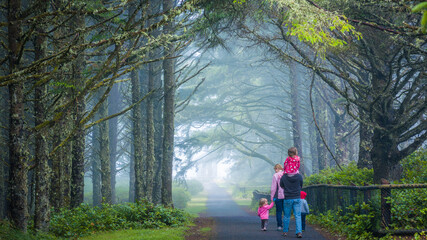Family walk. Farther, mother and three kids. A path in the thick spruce forest. Cape Meares, Oregon, USA