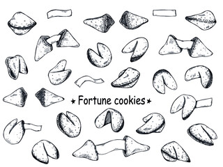 Obraz premium Chinese fortune cookies vector hand drawn set isolated on white backgrounds. Food illustration. Crisp cookie with a blank piece of paper inside. For print, web, design, decor, logo.