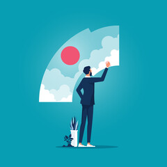 Concept of the hope of a way out of the crisis with a man who symbolically erases a wall with a sponge to find a clearing