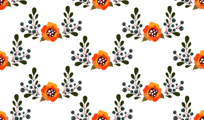 Boutonniere. Seamless pattern with orange rose and blueberry.
