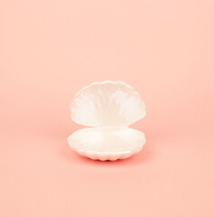 Beautiful empty open seashell on pink background. Concept of value of sea shell and fortune. Symbol...
