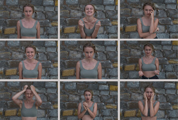 Collage of 9 portraits of young emotional caucasian woman on stone background. Concept of human emotions, facial expression, nine different emotions