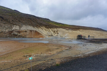 Krýsuvík, Iceland: Krýsuvík-Seltún Geothermal Hot Springs, a geothermal system in Krýsuvík volcanic area, on the Mid-Atlantic Ridge of the Reykjanes peninsula.