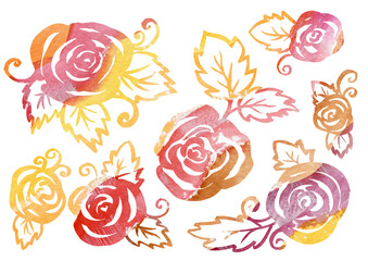Watercolor artistic multicolor Set of floral Rose elements in the style of line art wedding theme on a white background. Doodle and scribble. Yellow, brown, orange and red Roses and leafs for postcard