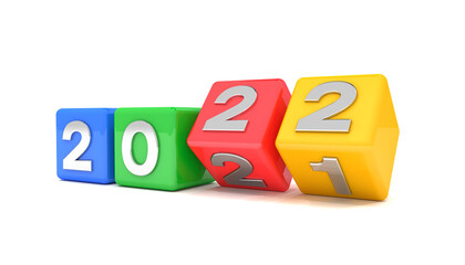 3d Illustration - bunte W&uuml;rfel mit den Jahreszahl 2021 - 2022 auf wei&szlig;em Hintergrund - repr&auml;sentiert das neue Jahr 2021