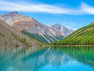 Colorful landscape with clear mountain lake in forest among fir trees in sunshine. Bright scenery with beautiful turquoise lake against the background of snow-capped mountains.