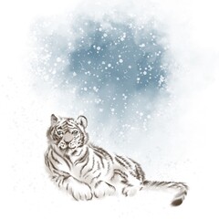 white tiger in the snow, illustration in watercolor style