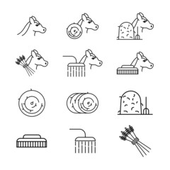 Fototapeta premium Care about horse, horse care, pet horse icons set, black and white pictogram. Horse wash. Prepare hay for your horse. Feeding, brushing. Different types of hay
