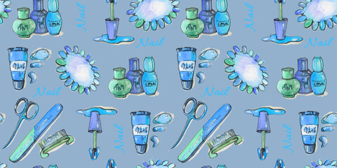 Watercolor colorful eyebrow extension multicolored abstract Seamless pattern digital paper textile packaging Makeup manicure nail polish Backgrounds. multicolor turquoise, blue and green scissors