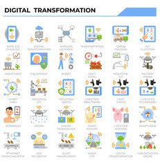 Digital transformation and digital disruption icon set.