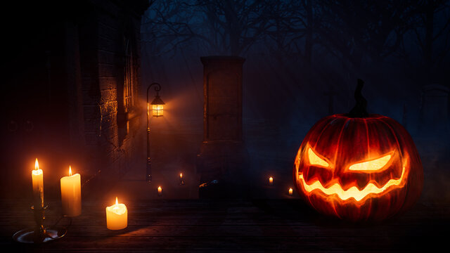 Creepy Halloween Graveyard Illustration with Scary Pumpkin and Candles.