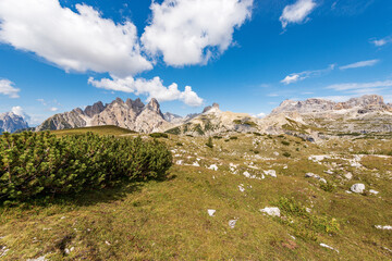 Italian Alps, panorama of Sesto or Sexten Dolomites from Tre Cime di Lavaredo or Drei Zinnen, Dolomiti Di Sesto Natural Park, UNESCO world heritage site, Bolzano, Trentino-Alto Adige, Italy, Europe.