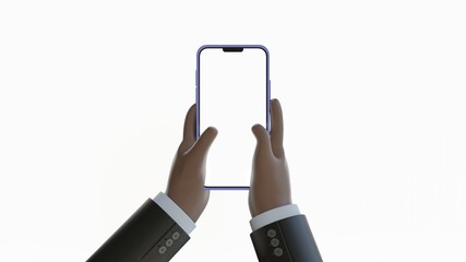 Device Mockup. Dark brown cartoon hand holding a phone in sleeve jacket with white background.