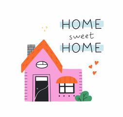 Cute hand drawn pink home with lettering Home sweet home. Modern vector illustration.
