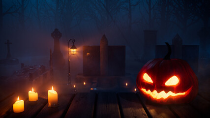 Eerie Halloween Churchyard Illustration with Illuminated Pumpkin and Candles.