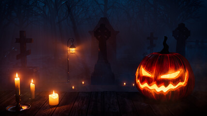 Halloween Scary Pumpkin with Candles, in an Eerie Forest Churchyard at Night.