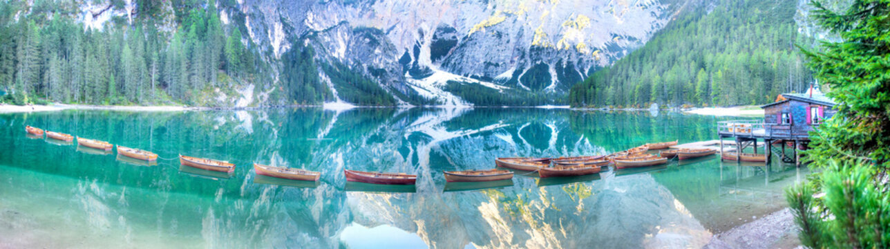 Panoramic view of Lake Braies Dolomites Italy