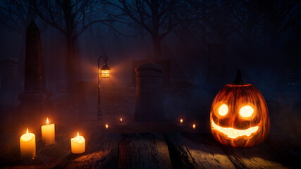 Halloween Pumpkin Decoration with Candles, in a Haunted Forest Graveyard at Night.