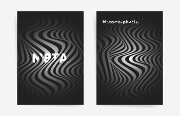 Geometric halftone gradients templates set. Minimal black cover design backgrounds. Abstract waves and lines. Vector illustration

