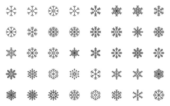 set of snowflake line icons, winter season