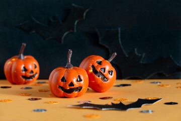 Halloween holiday concept with jack, pumpkins, bats, confetti composition. 
