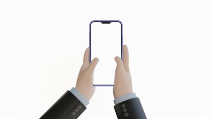 Device Mockup. White cartoon hand holding a phone in sleeve jacket with white background.